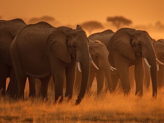 Fototapeta na wymiar Elephant Herd Grazing in Amboseli National Park with Mount Kilimanjaro in Sight