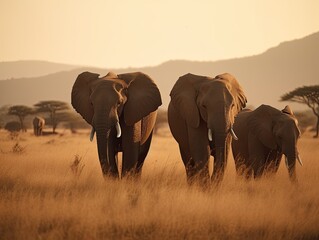 Fototapeta na wymiar Safari Encounter: Majestic Elephant Family Grazing in African Savanna