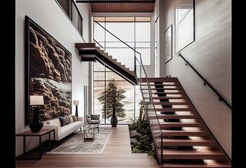 Obraz premium sophisticated modern staircase, black steel guardrail with glass in between. generative ai
