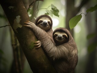 Fototapeta premium Sloth Family in Lush Costa Rican Jungle: A Serene Snapshot