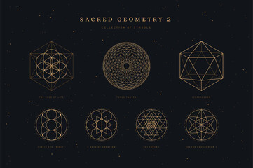 sacred / divine geometry 2, set / collection of spiritual meditation symbols, seed of life, piscis eye trinity, sri yantra, torus yantra, 7 days of creation, vector equilibrium, icosahedron  - 598062526