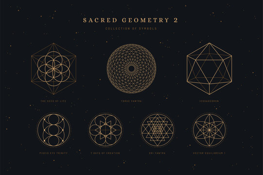 sacred / divine geometry 2, set / collection of spiritual meditation symbols, seed of life, piscis eye trinity, sri yantra, torus yantra, 7 days of creation, vector equilibrium, icosahedron 