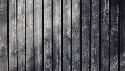 Black and white background of gray wooden painted old fence boards in the village, illuminated by sunlight.