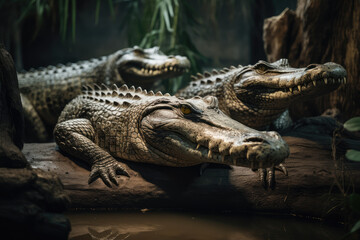Obraz premium Crocodile, Crocodiles Group, Wild life, Wild Animals, Safari, Animal, Made by AI, AI generated, Artificial intelligence 