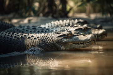 Fototapeta premium Crocodile, Crocodiles Group, Wild life, Wild Animals, Safari, Animal, Made by AI, AI generated, Artificial intelligence 
