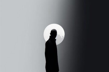 Obraz premium Silhouette of a person in front of the sun, japanese style minimalist art. Generative AI.