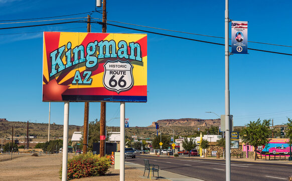 Kingman, Arizona, USA - October 24, 2018: Welcome to Kingman street sign located on historic route 66 and road leading to this tourist destination.