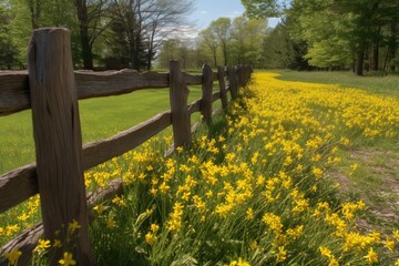 A wooden fence surrounding a field of yellow flowers