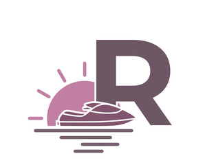 letter r with sea, sun and jet ski. vacation alphabet logotype symbol. summer and exotic tourism design. vector image