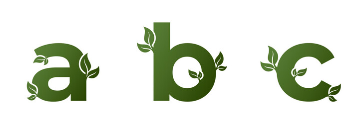 a b c green lowercase letters with leaves. nature, eco and environment alphabet design elements