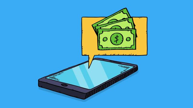 A hand-drawn animation depicting a phone together with a cartoon cloud on which money appears. Virtual money, online bank, transferring money digitally. Video in 4k or HD quality.