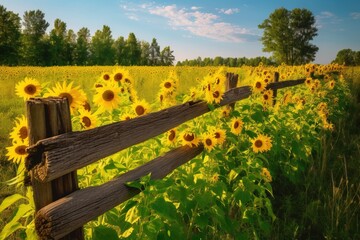 Fototapeta premium A wooden fence surrounding a field of yellow sunflowers