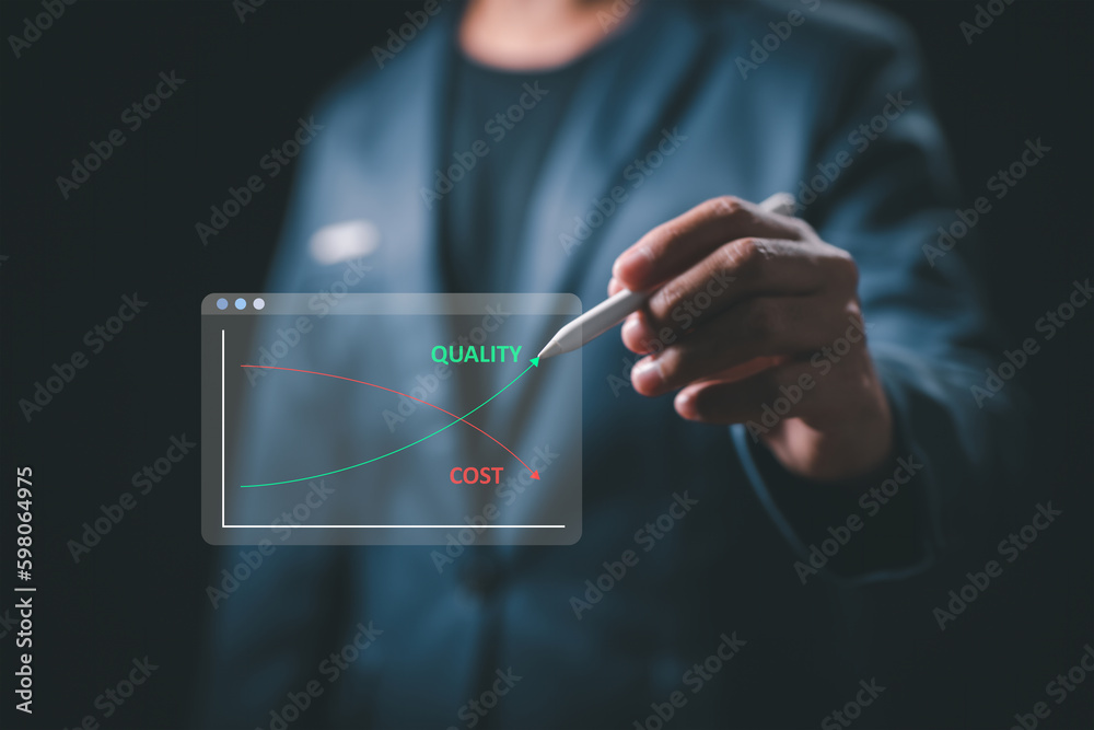 Aufkleber Cost analysis of business strategy and project management. Businessman using a virtual screen to monitor a quality control growth graph and cost reduction