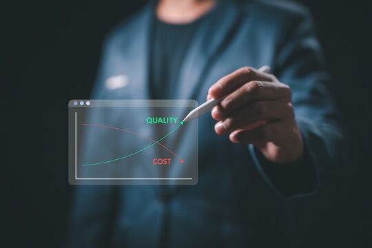 Cost Analysis Of Business Strategy And Project Management. Businessman Using A Virtual Screen To Monitor A Quality Control Growth Graph And Cost Reduction