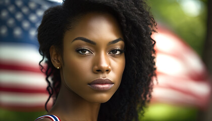 Obraz premium African american curly haired woman with flags in the background, generative ai technology