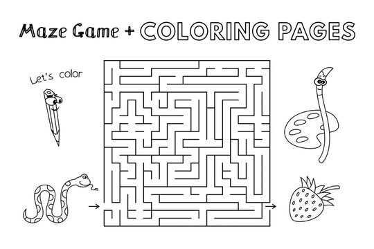 Cartoon snake maze game. Vector coloring book pages for children