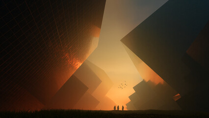 3d rendering sci-fi abstact natural city scene with human and flock of bird.