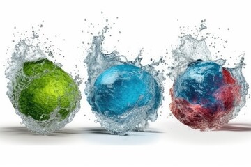 three vibrant balls with water splashing out of them. Generative AI Generative AI