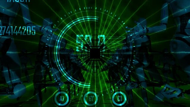 3d render animation of robots humanoids standing in lines army and hud interface question mark symbol overlay over orange background with green blurred noise
