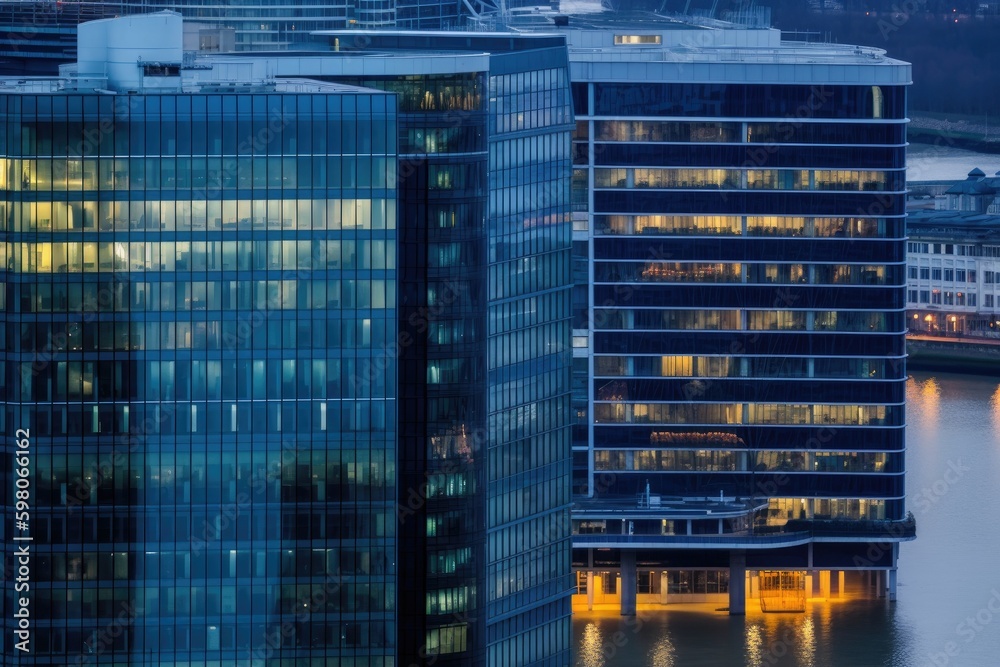 Wall mural skyscrapers towering over a waterfront. generative ai generative ai