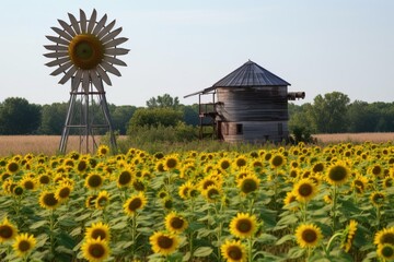 A wooden windmill in a field of yellow sunflowers