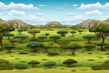 serene green landscape with majestic mountains and lush trees. Generative AI Generative AI