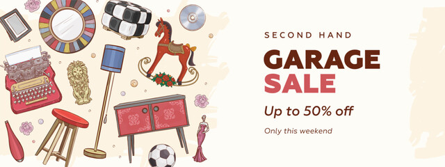 Garage promotional sale horizontal banner or flyer template with hand drawn vintage furniture and interior design elements. Garage sale concept vector illustration