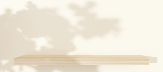 Wooden shelves two floors luxury product shelves tree reflections from sunlight interior design background 3d illustration © kanokruedee