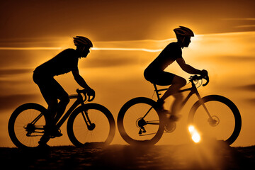 two of sporty men riding bicycles on road on the background of an orange sunset sky. black Silhouette of sport couple. bikes racing on sunset sky background. high speed. race sportsmen. generative ai