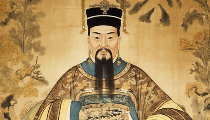 Old chinese drawing of a king sitting on a throne ai, ai generative, illustration