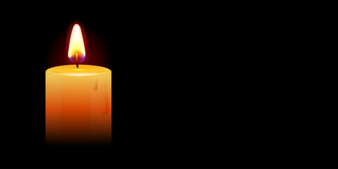 Candle burning in the dark. Yellow candle on black background. Funeral, memorial candle with melted wax. Banner for condolence obituary message. Mourning. Candle flame at night. Remembrance day.