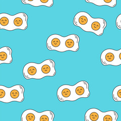 Seamless pattern with fried eggs with anthropomorphic face on turquoise background. Kawaii food