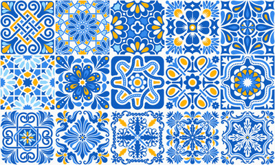 Azulejo mosaic tiles, blue, white, yellow colors square patterns with floral motifs. Mediterranean, Portuguese, Spanish traditional vintage ceramic tilework. Arabesque ornament with flowers. Vector - obrazy, fototapety, plakaty