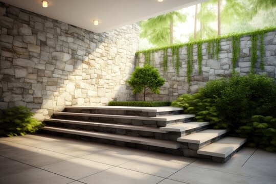 stone steps leading up to a stone wall in a natural outdoor setting. Generative AI Generative AI