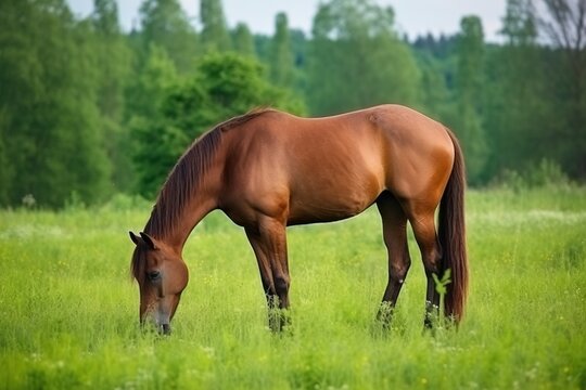 A brown horse grazing on a green meadow