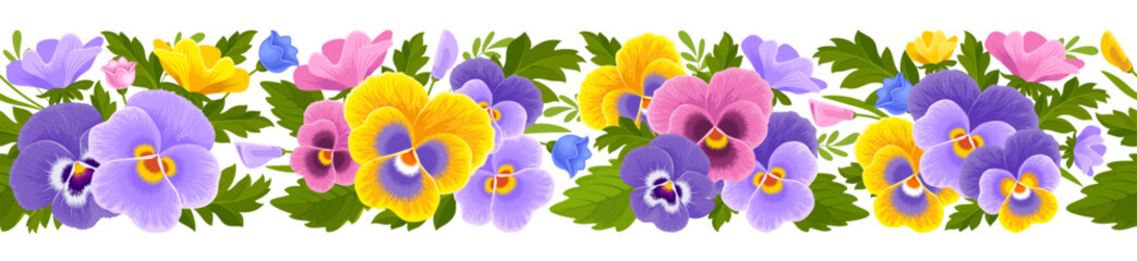 Border with seamless pattern with bright multicolor pansy flowers, buds and leaves isolated on a white background. Detailed botanical drawing in cartoon style. Vector illustration