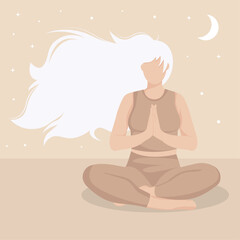 Obraz na płótnie Canvas Girl with long white hair doing yoga. Boho colors background.