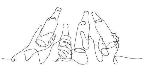 beer clinking toasting with bottles in celebration party one line - obrazy, fototapety, plakaty