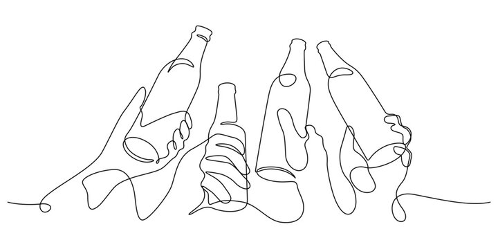 beer clinking toasting with bottles in celebration party one line