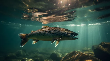 Foto op Aluminium Brown trout, underwater photo, preparing for spawning in its natural river habitat, shallow depth of field, Illustrative Generative AI © henjon