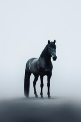 A lonely horse walks in the fog. Minimalist style. Picture for the wall. Generative ai.