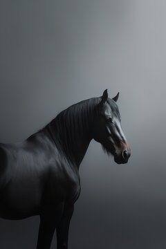A lonely horse walks in the fog. Minimalist style. Picture for the wall. Generative ai.
