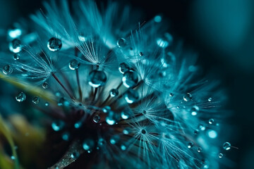 Dandelion Seeds in droplets of water on blue and turquoise beautiful background with soft focus in nature macro. Drops of dew sparkle on dandelion in rays of light. Created using generative AI.