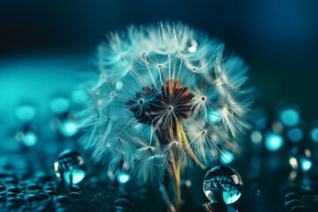 Obraz premium Dandelion Seeds in droplets of water on blue and turquoise beautiful background with soft focus in nature macro. Drops of dew sparkle on dandelion in rays of light. Created using generative AI.