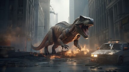A dinosaurs attacking a city ai, ai generative, illustration