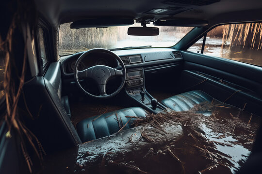 The interior of a car flooded with water. Car insurance concept. Generative ai Generative AI