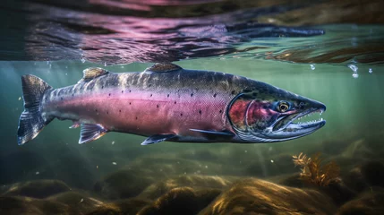Foto op Aluminium Large salmon fish swimming in river water to spawn and lay eggs during migration. generative AI © Haydiddle