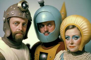 Actors wearing cheesy sci fi costumes from outer space for a retro science fiction television show or movie. Big makeup, helmet, space suit. generative AI