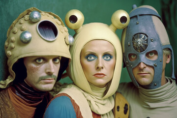 Obraz premium Actors wearing cheesy sci fi costumes from outer space for a retro science fiction television show or movie. Big makeup, helmet, space suit. generative AI