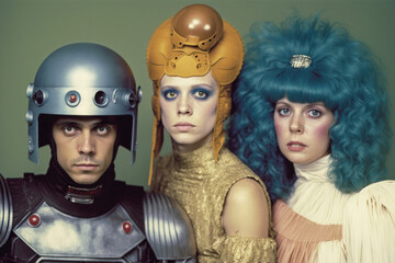 Actors wearing cheesy sci fi costumes from outer space for a retro science fiction television show or movie. Big makeup, helmet, space suit. generative AI